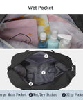 Open view of Versatile Travel Gym Bag For Women With Wet Pocket Carry On Duffle Tote Luggage, showing compartments and wet pocket