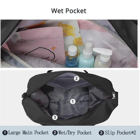 Open view of Versatile Travel Gym Bag For Women With Wet Pocket Carry On Duffle Tote Luggage, showing compartments and wet pocket