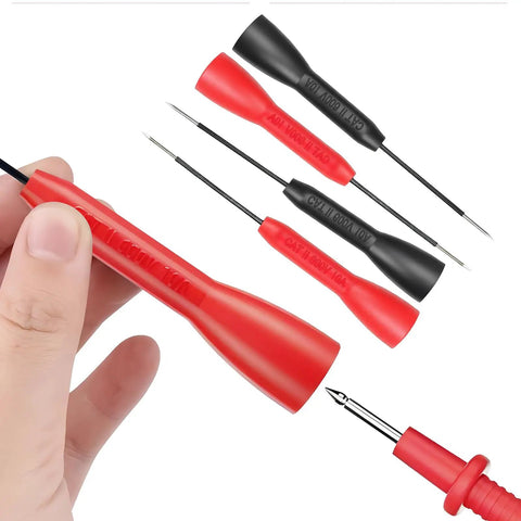 Hand holding red probe, black and red 4 Pack 2mm Extended Needle Test Probes 600V 10A Insulation Piercing Tips shown.