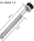 120V 1650W Foldback Tri Clamp Stainless Steel Immersion Water Heater with measurements and 3 wire locking plug L5-30