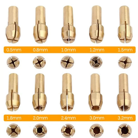 10 Piece Brass Collet Set For Dremel Rotary Tools Fits 0.5mm To 3.2mm Bits And 1/8 Inch Shank 5/32 Inch Compatibility sizes displayed