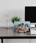 Two Pack 11.46x7.48 Inch Rectangle Sublimation Slate Frames with Stand displaying family beach photo on desk