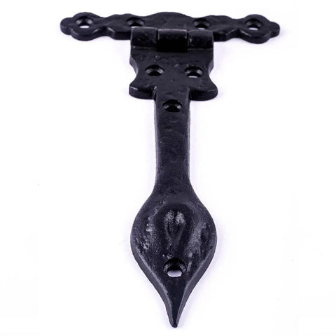 Black Wrought Iron Door Strap Hinges, 6 Inch Long, Antique Colonial Spear Tip, heavy duty hinge shown from top view