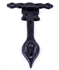 Black Wrought Iron Door Strap Hinges, 6-Inch Long Antique Colonial Spear Tip, Rust Resistant, flush mount view.