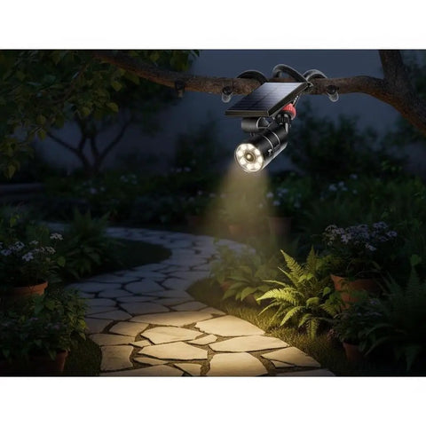 Ultra Bright Solar Motion Light Outdoor Waterproof Security Spotlight Motion Activated With Flexible Tripod Aluminum Floodlight illuminating a garden path