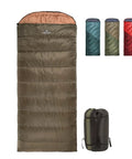 0 Degree Sleeping Bag For All Weather Camping Cozy And Warm With Roomy Half Circle Mummy Hood Flannel Lining And Easy Zip Kid And Adult Friendly Packable With Compression Sack Included For Hassle Free Travel, shown in khaki with other colors and compression sack