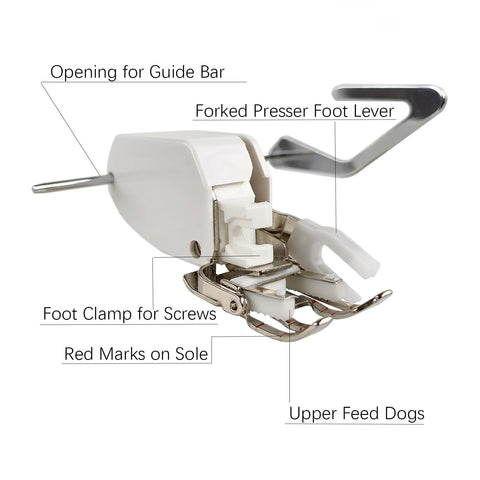 Open-toe even-feed walking foot with guide for Brother sewing machines; side view shows forked lever and foot clamp