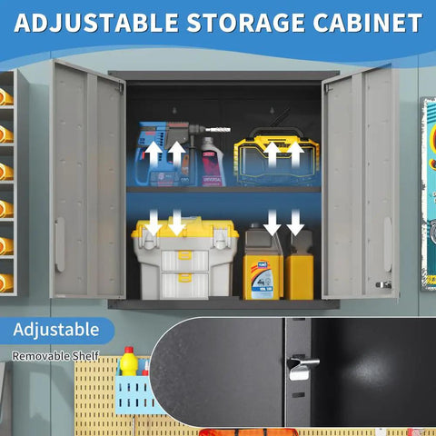 Wall Mounted Tool Cabinet With Locking Metal Storage And One Shelf For Garage Organization Built Tough In Black And Gray Finish For Your Home Workshop And Utility Rooms, 30.35x29.5x11.8