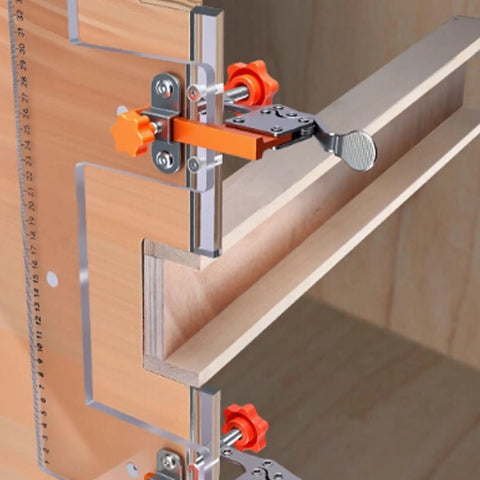 Dead Nuts Precise Embedded Handle Slotting Template With Quick Clamp And Router Dust Cover For Wardrobe Cabinet Door Panel U Groove Positioning Jig, showing the clamp and scale on a wooden cabinet.