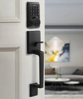 Matte Black Front Door Handle Set With Reversible Lever For Right Or Left Handed Exterior Doors Fits Most Standard Sized Doors Easy Install Durable Aluminum Construction on white door.
