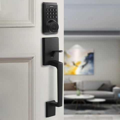 Matte Black Front Door Handle Set With Reversible Lever For Right Or Left Handed Exterior Doors Fits Most Standard Sized Doors Easy Install Durable Aluminum Construction on white door.