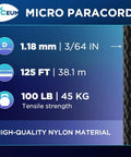 Black Micro Paracord 1.18 mm By 125 Ft Thin Yet Tough Utility Cord shown with dimensions and tensile strength details.