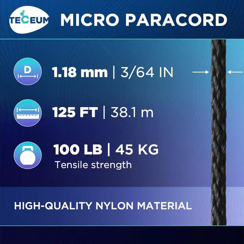 Black Micro Paracord 1.18 mm By 125 Ft Thin Yet Tough Utility Cord shown with dimensions and tensile strength details.