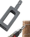 Heavy Duty Wire Twisting Tool With Standard Hex Shank being used with a drill on wooden fence for quick binding.