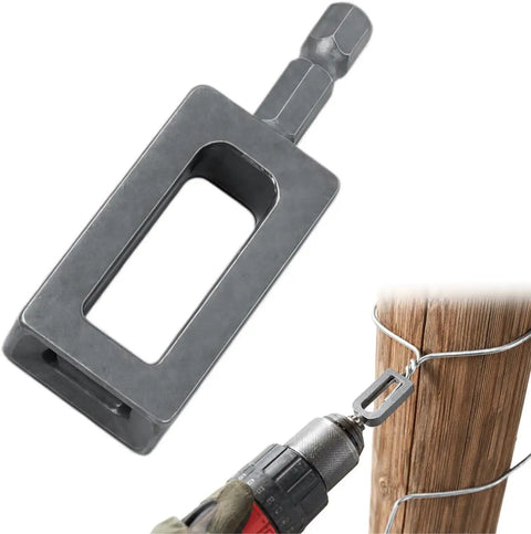 Heavy Duty Wire Twisting Tool With Standard Hex Shank being used with a drill on wooden fence for quick binding.
