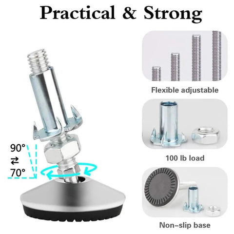 Beefy Heavy Duty Adjustable Swivel Leveling Feet Set With T Nut Bolt M8 And M10 4 Pack 50xM8x50mm Easy Install Height Range 0.75 To 1.5 Inches For Stable Furniture And Machinery, metal foot with threaded bolt and nut