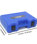 Wzyblixo turbo leak tester kit case, blue plastic box with black latches, angled front-left view