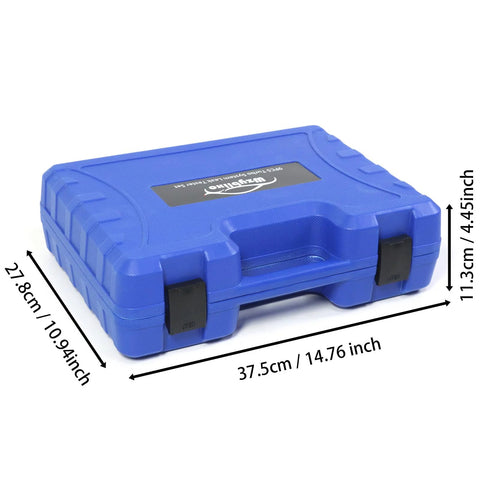 Wzyblixo turbo leak tester kit case, blue plastic box with black latches, angled front-left view