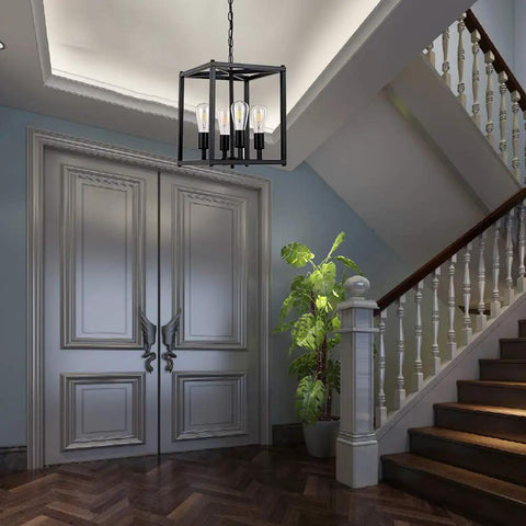 Four Light Black Farmhouse Pendant Chandelier For Entryway Hallway And Dining Room, Industrial Mid Century Ceiling Light Fixture.