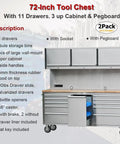 Two Pack 72 Inch High Rolling Tool Chest With 11 Spacious Drawers And 3 Secured Cabinets For Garage showcasing pegboard and upper cabinets.