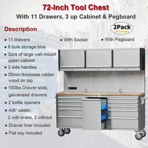 Two Pack 72 Inch High Rolling Tool Chest With 11 Spacious Drawers And 3 Secured Cabinets For Garage showcasing pegboard and upper cabinets.
