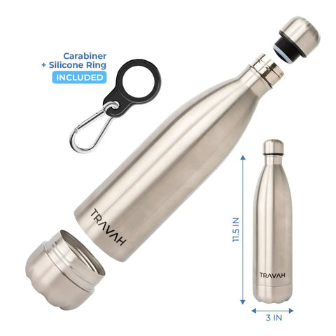 Hidden Storage Water Bottle With Double Wall Stainless Steel Tumbler Leak Proof 17oz Travel Safe Bottle shown with carabiner