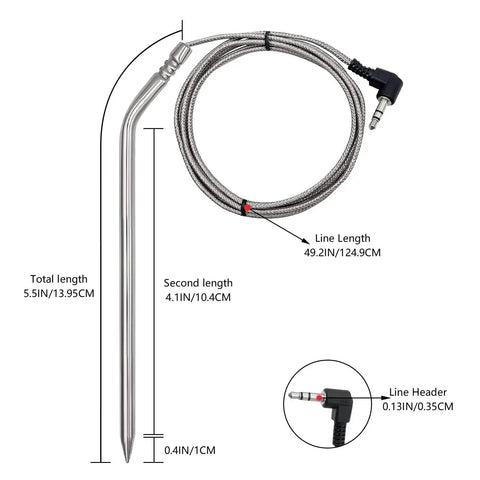 2 Pack Replacement Meat Probes Temperature Sensor Kit For BBQ Grills And Smokers, Stainless Steel Probe Dimensions Shown