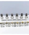 Gold Plated GX16 Aviation Plug Circular Connector Set 2 To 10 Pin Pro Grade Male And Female Wire Connectors In 5, 20, Or 100 Pack Options For Heavy Duty Industrial Projects With Rock Solid Locking, showcasing multiple connectors with varying pin configurations on a reflective surface.