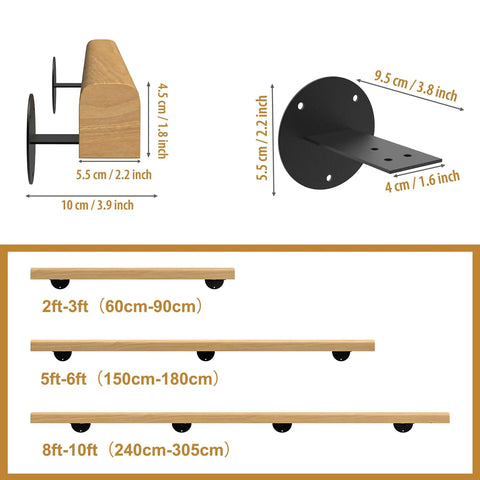 10 Foot Solid Wooden Stair Handrail Built Like A Tank For Indoor Outdoor Wall Mount Safety Grab Rail Featuring A Super Grippy Finish Zero Hassle Install On Any Deck Or Porch close-up of mounting hardware and dimensions