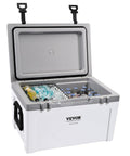 Ultra Light Hard Cooler 52 Qt With Heavy Duty Handle Keeps Ice For Up To Six Days Ideal Ice Chest For Camping Road Trips And Outdoor Adventures 30 Percent Lighter Than Rotomolded Coolers open with drinks inside