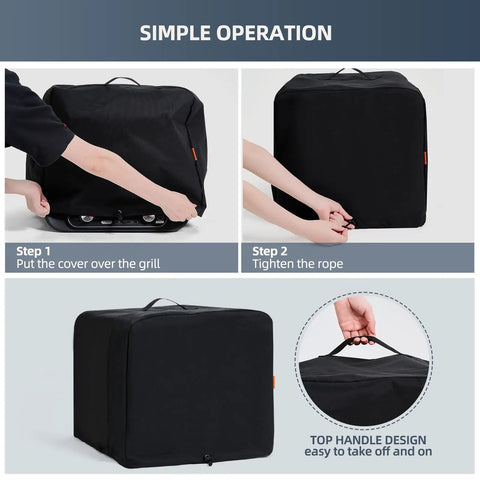 Waterproof Outdoor Pizza Oven Cover For Ninja OO101 Woodfire 8 In 1 Oven in use with adjustable drawstrings and handle visible.