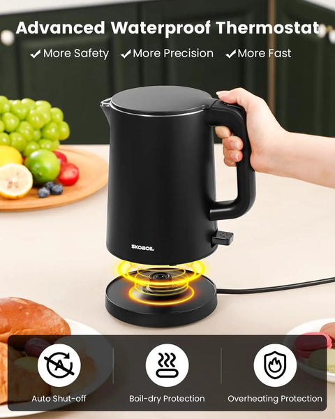 Compact Electric Kettle For Tea And Coffee 0.8L 27 Oz Double Wall Stainless Steel Space Saving Mini Hot Water Heater with Auto Shut Off.