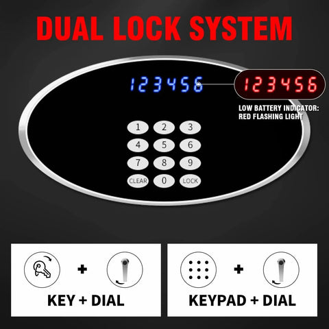 Heavy Duty 10 Cu Ft Home Safe Box With Digital Keypad And Key Lock showing dual lock system with LCD screen and keypad, low battery indicator.