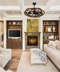 Rustic Ceiling Fan With Eight Dimmable Integrated Lights And Slick Smart Setup In Antique Pecan And Anthracite Finish Built Solid For Chill Bedrooms And Casual Living Spaces Whispers Quick Refresh Breeze in modern living room with cozy furniture.