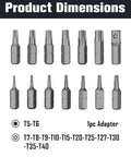 Rotation 14-Piece Tamper-Resistant Torx Bit Set with 1/4 in hex shank; Chrome Vanadium steel; includes adapter; T5–T40.
