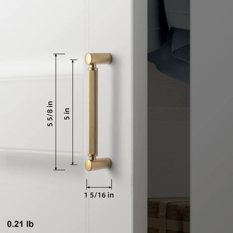 6 Pack 5 Inch Center To Center Knurled Cabinet Pulls In Champagne Bronze With Circular End Caps installed on a cabinet door