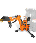 8 Foot Tractor Backhoe Attachment With Hydraulic Thumb And 15 Inch Bucket For Cat 1 And Cat 2 Three Point Tractors Self Contained Hydraulics ISO SAE Switchable Controls 20 To 100 HP BH760H attached to a tractor