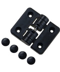 Black resin positioning torque hinge with dual mounting plates and four caps for medical equipment positioning.