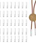 60Pcs Bolo Tie Tips And Cap Buckles Set In Silver Tone, 21.5mm Long With 4mm Inner Diameter, Alloy Bolo Findings For DIY Jewelry Making, Garment Decoration And Craft Projects, Platinum Finish. Silver alloy bolo cord tips shown with sample tie cord