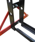 Close-up of 20 Ton Air Powered Hydraulic Shop Press Featuring Deluxe Sliding Carriage with sturdy red and black frame.