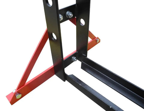 Close-up of 20 Ton Air Powered Hydraulic Shop Press Featuring Deluxe Sliding Carriage with sturdy red and black frame.