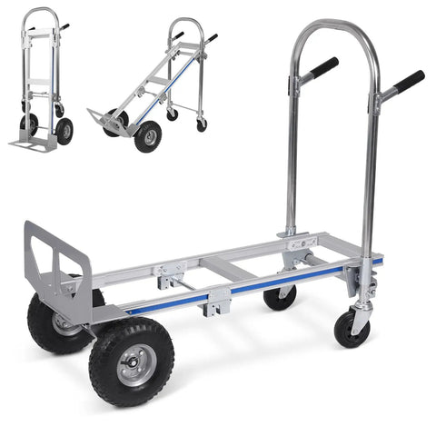 3 In 1 Convertible Hand Truck Folding Dolly Cart With 550 Lbs Load Capacity Heavy Duty Aluminum Hauls Appliances And Furniture And More With No Sweat Stair Climb Flatbed And 4 Wheel Modes, silver folded