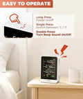 5 In 1 Indoor Air Quality Monitor Real Time CO2 TVOC HCHO Temperature Humidity With Digital Display And Alerts on bedside table