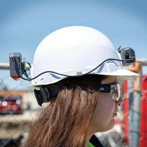 Side view of person wearing hard hat with Rechargeable Portable Cooling Turbo Fan For Hard Hats And Safety Helmets Quiet 3-Speed