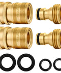 Solid Brass Garden Hose Quick Connect Kit Three Quarter Inch GHT Threaded Fittings No Leak Female And Male Adapters Two Sets With Four Connectors Extra Washers And Sealing Rings Easy One Handed Setup