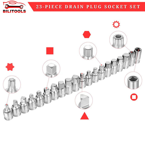 23 Piece Drain Plug Socket Set For Oil Sump And Gearbox, shown in an array with hex, square, spline, torx, and triangle bits