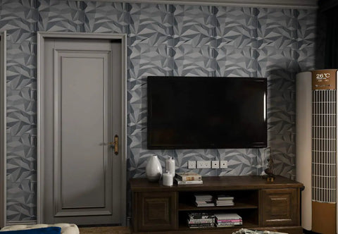 Gray 3D Wall Panels Pack Of 12 19.7 By 19.7 Inches Durable PVC Tiles in living room with TV and wooden cabinet