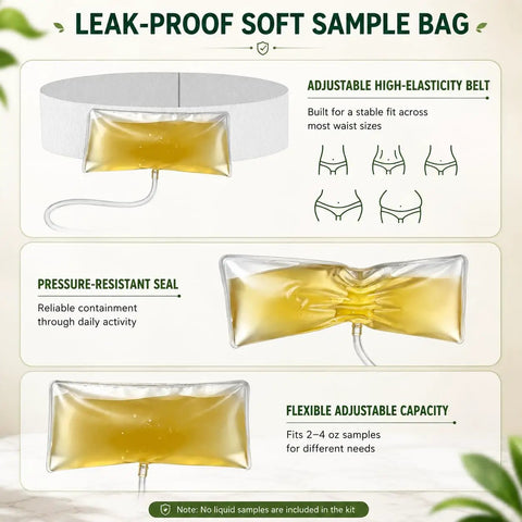 Slick Wearable Urinal Kit For Adults Featuring A Secure Adjustable Waist Strap And Reliable Leakproof Seal with sample bag and belt.