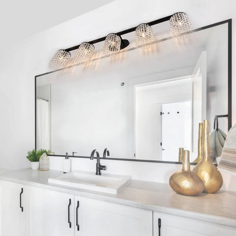 5 Light Crystal Black Vanity Light Fixture For Bathroom Over Mirror Modern Style With Crystal Drops mounted over sink