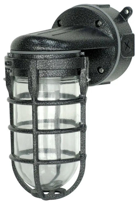 Wall Mount Light In Hammered Black Finish With Die Cast Aluminum Cage Built Tough 100 Watt Incandescent Rugged Industrial Design